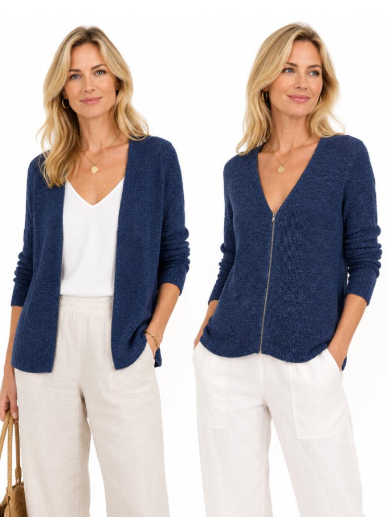 Eileen Fisher Indigo Linen Cotton Zip Cardigan Deep V Knit Size Small